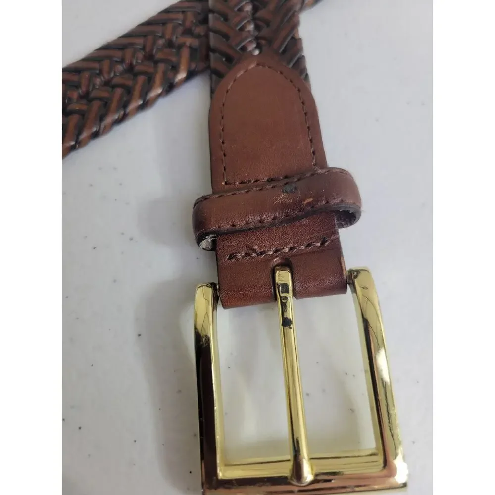 Brown Bonded Leather Woven Braided Belt with Gold Tone Buckle Women's Size 48-50
